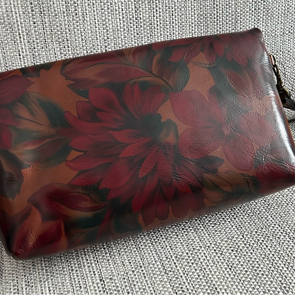 Patricia Nash Floral Leather Wristlet Clutch in Deep Red and Brown